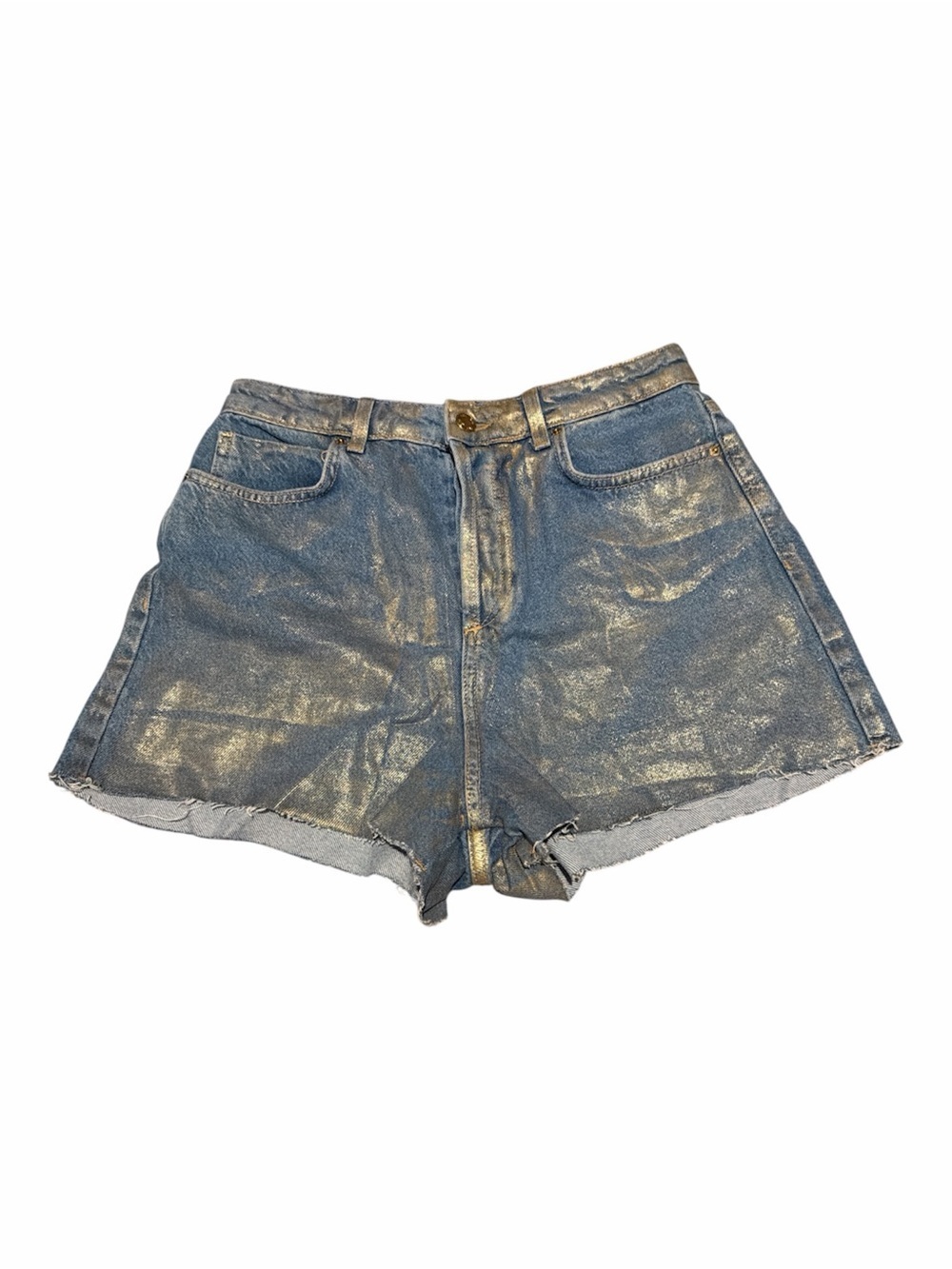 ✅ Zara High Rise Jeans Shorts Women's 6 Denim Metallic Foil Coated Button front